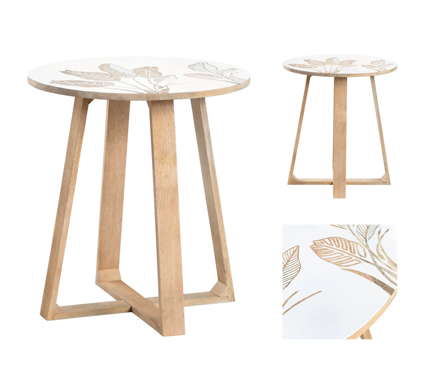 White Wooden Side Table with Hand-Carved Leaf Pattern – Modern Accent Furniture
