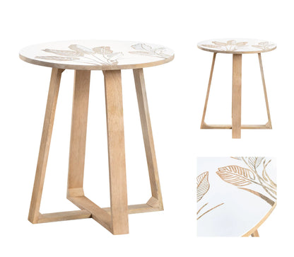 White Wooden Side Table with Hand-Carved Leaf Pattern – Modern Accent Furniture