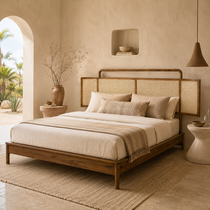 Sahara Cane Panel Premium Teak Wood Bed – Luxury Mediterranean Resort Style