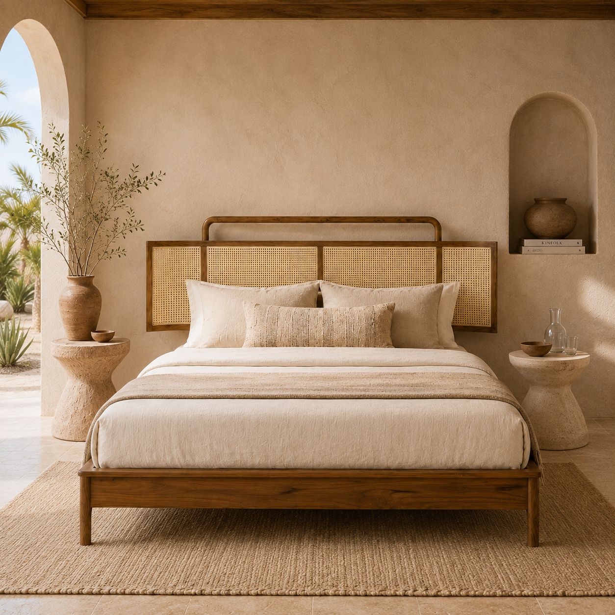 Sahara Cane Panel Premium Teak Wood Bed – Luxury Mediterranean Resort Style