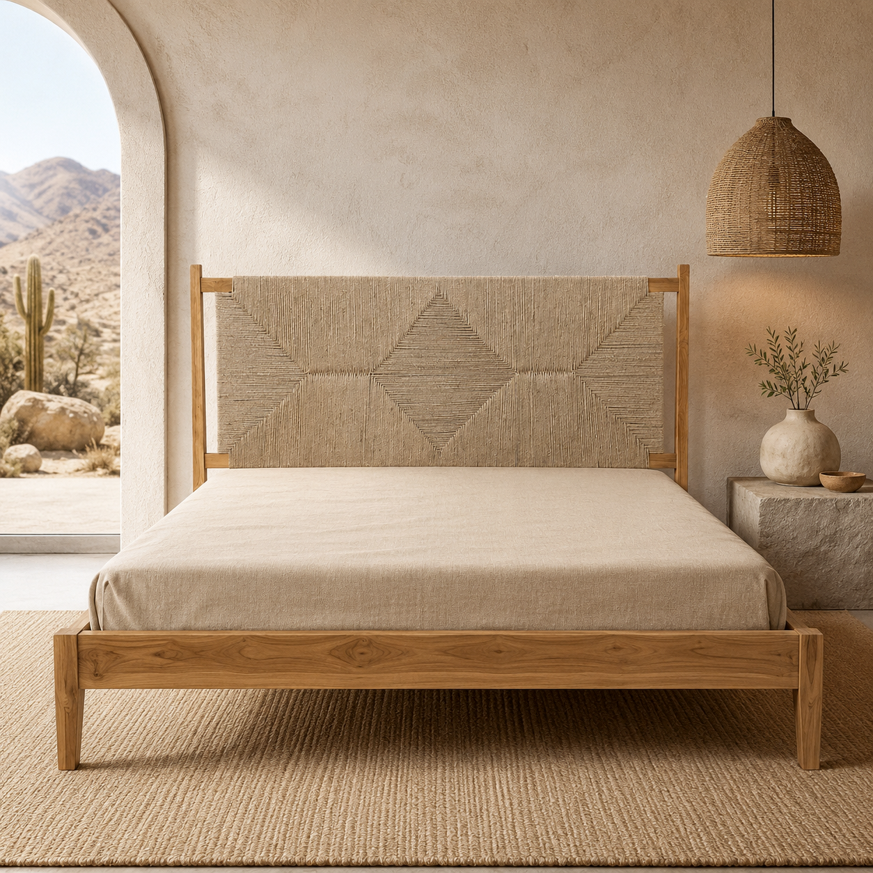 King Size Teak Wood Handwoven Rope Bed – Luxury Solid Teak Wood Bed