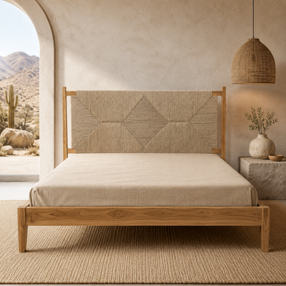 King Size Teak Wood Handwoven Rope Bed – Luxury Solid Teak Wood Bed