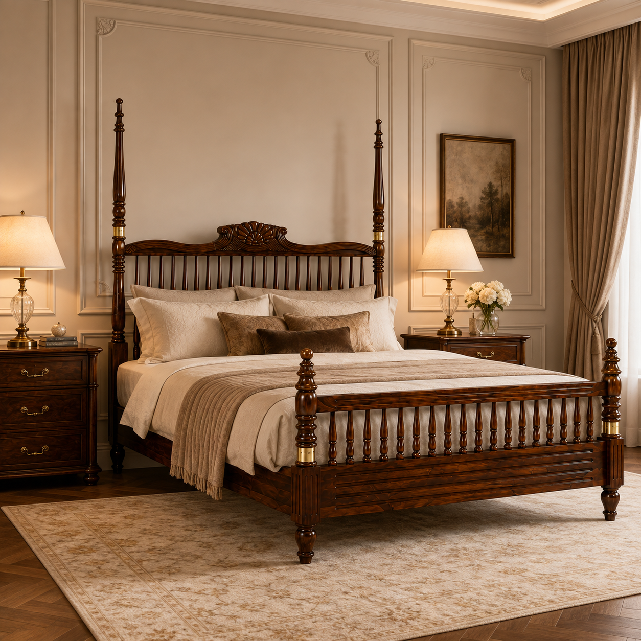 Regal Heritage Hand-Carved Sheesham Wood Poster Bed