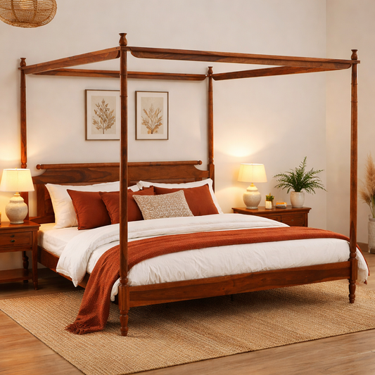 Sheesham Wood King Size Poster Bed in Honey Oak Finish