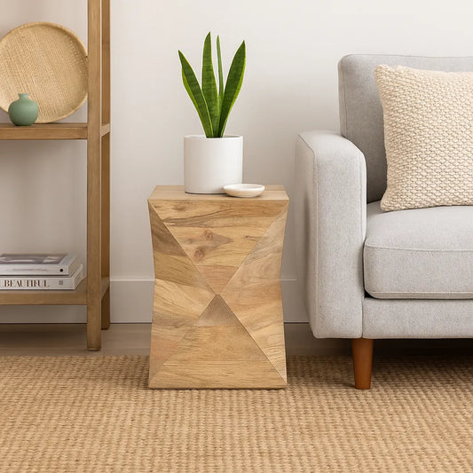 Geometric Natural Finish Solid Wood Side Table – Accent Table