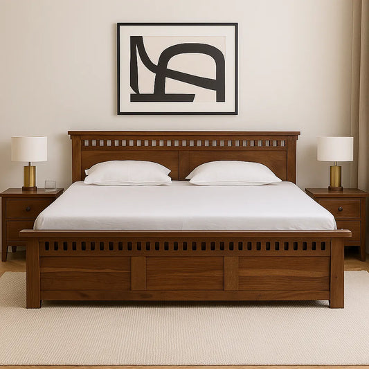 King Size Bed in Solid Sheesham Wood with Honey Finish & Cut-Out Headboard