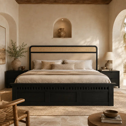 Modern King Size Bed in Black Finish with Rattan Cane & Upholstered Headboard – Sheesham Wood Frame