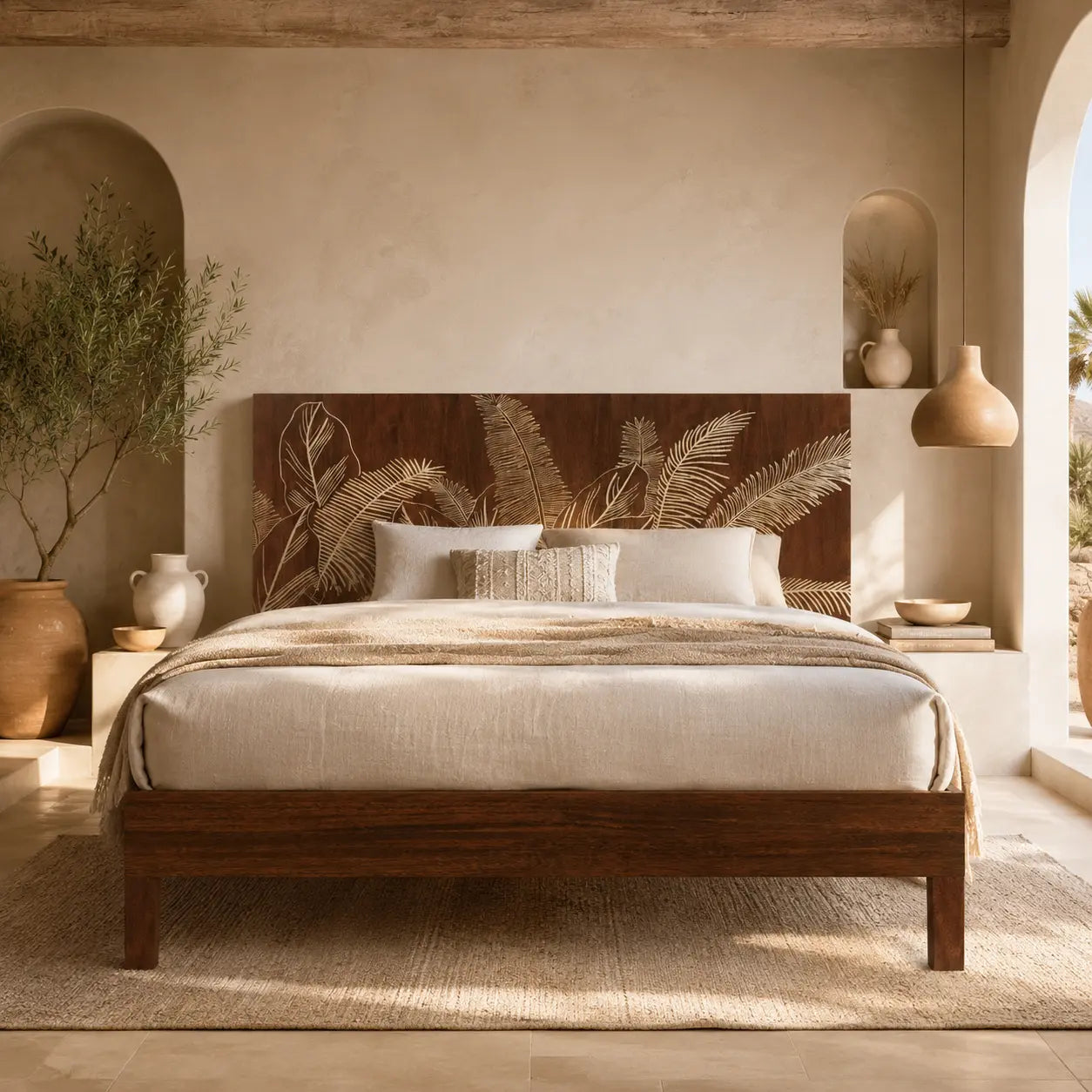 Modern King Size Bed in Rich Walnut Finish – Solid Wood Frame