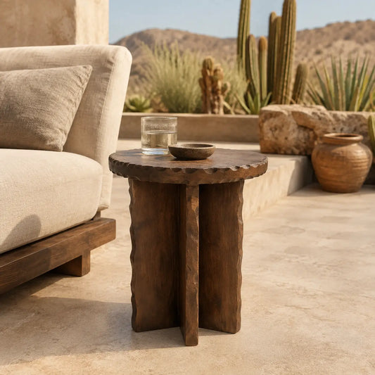 Rustic Hand-Carved Walnut Finish Side Table – Unique Accent Table