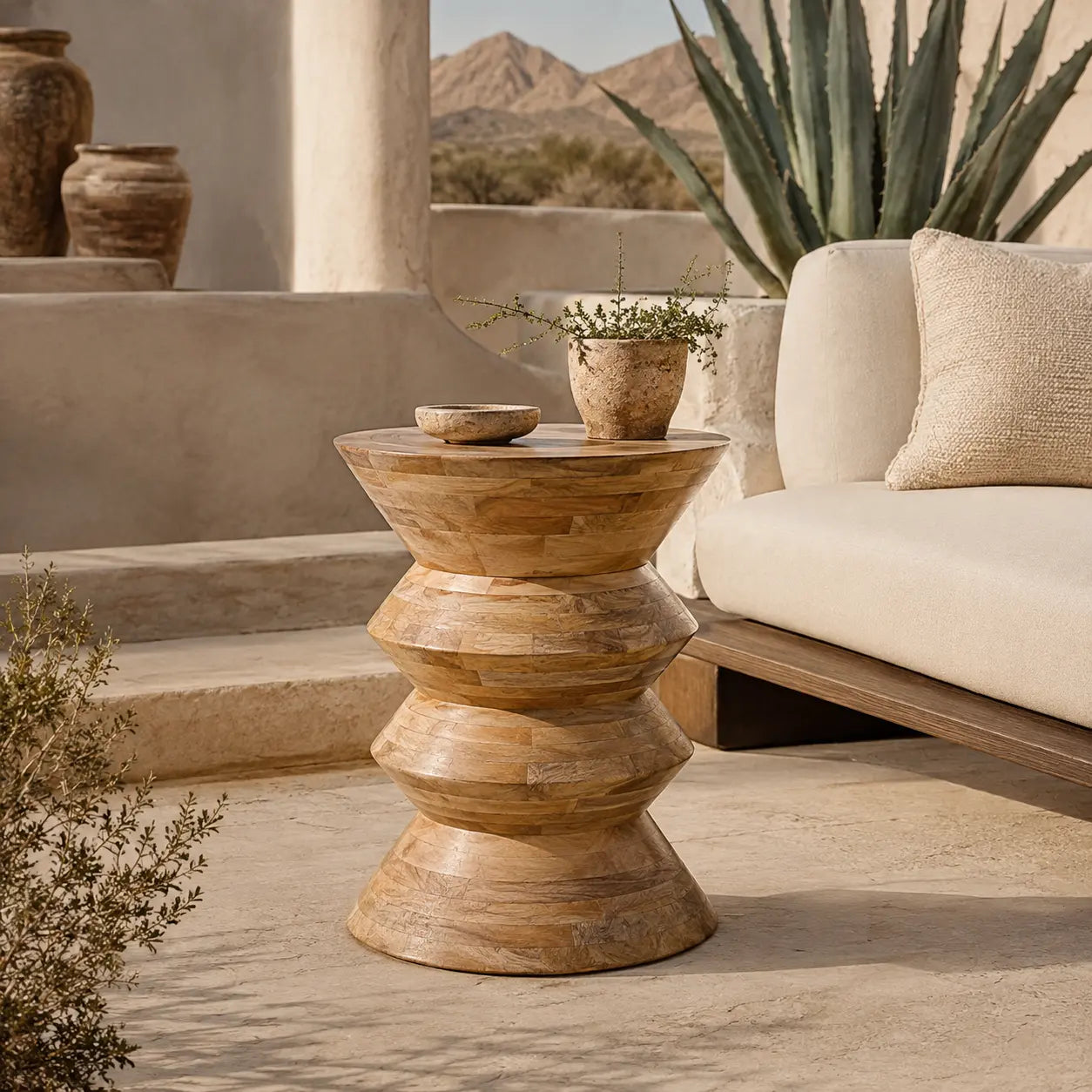 Natural Finish Sculpted Wooden Side Table – Contemporary Accent Table