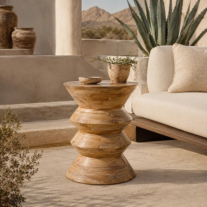 Natural Finish Sculpted Wooden Side Table – Contemporary Accent Table