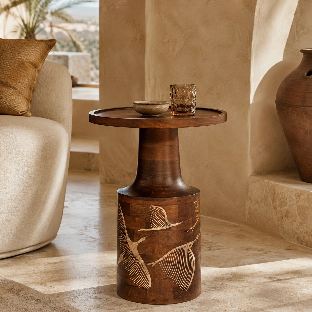 Walnut Side Table with Hand-Carved Bird & Leaf Motif – Artisan Wooden Accent Table