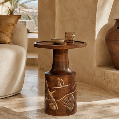 Walnut Side Table with Hand-Carved Bird & Leaf Motif – Artisan Wooden Accent Table