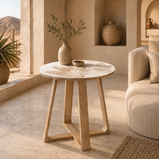 White Wooden Side Table with Hand-Carved Leaf Pattern – Modern Accent Furniture