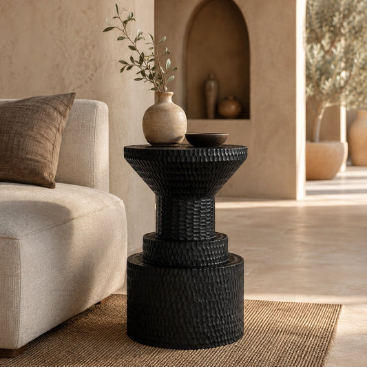 Hand-Carved Bold Black Side Table – Modern Sculptural Accent Table