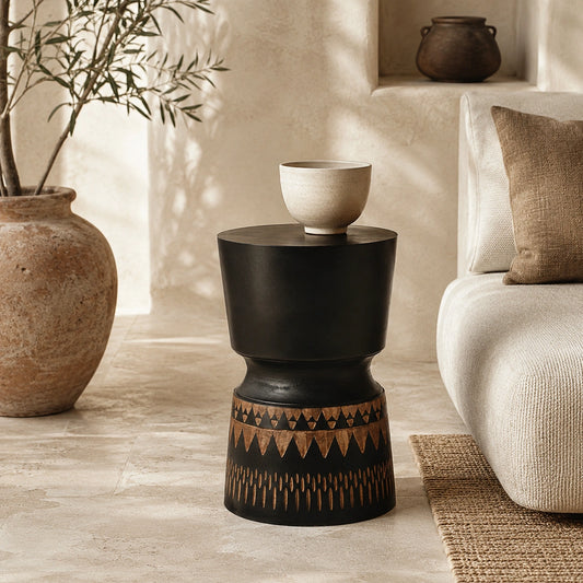 Bold Wash Finish Side Table with Hand Carving – Artistic Accent Table