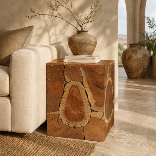 Live Edge Solid Wood Cube Side Table – Natural Finish Accent