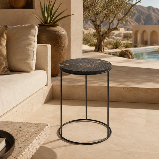 Hand-Carved Black Side Table with Iron Base – Modern Minimal Accent Table