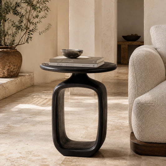 Bold Black Solid Mango Wood Side Table with Hollow Base