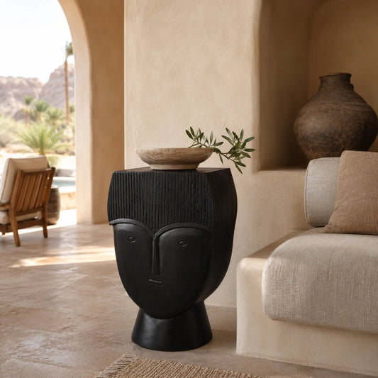 Sculptural Face Hand-Carved Black Side Table