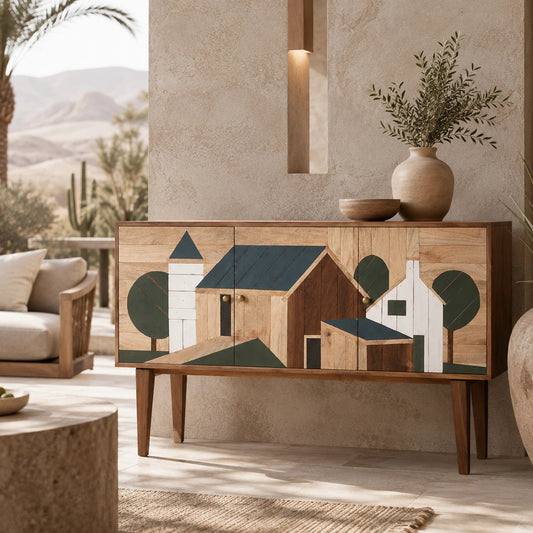 A mid-century modern wooden sideboard cabinet with a hand-painted geometric village scene on the doors, styled in a warm, sunlit desert-inspired living room.
