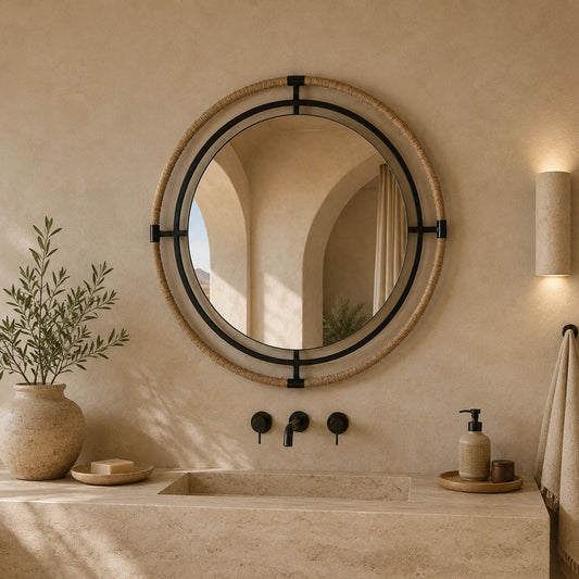 Round wall mirror with a natural woven rattan frame and black metal accents, mounted on a textured beige plaster bathroom wall above a stone sink.