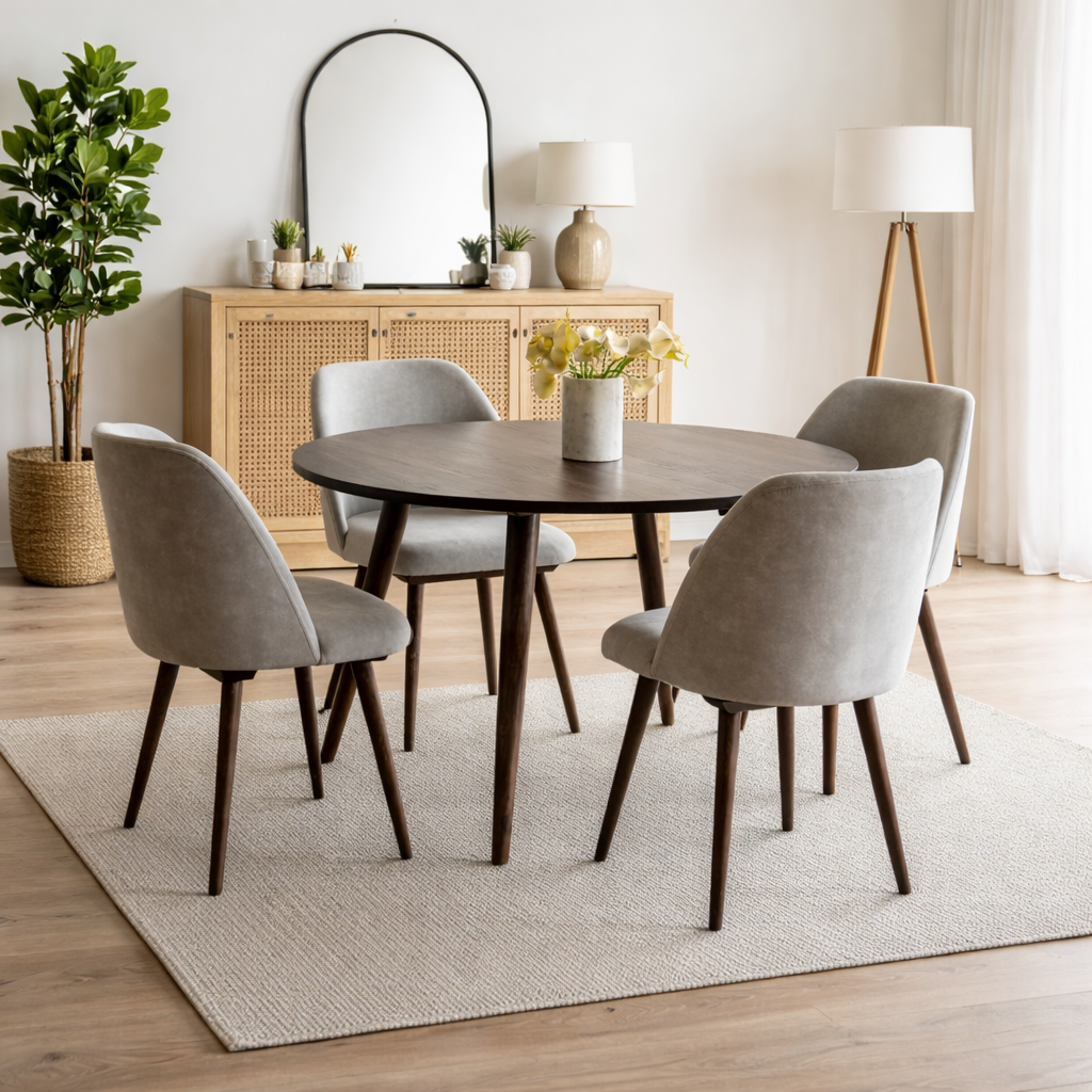 Modern Sheesham Wood Round Dining Table Set with Cushioned Chairs