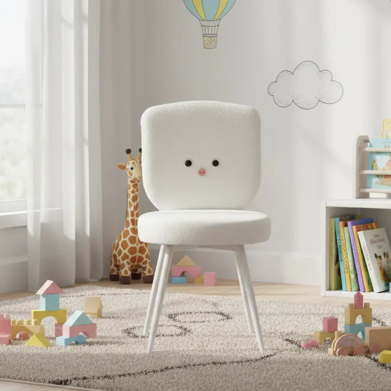Kids White Piggy Chair with Soft Boucle Fabric & White Metal Legs FURNIZA