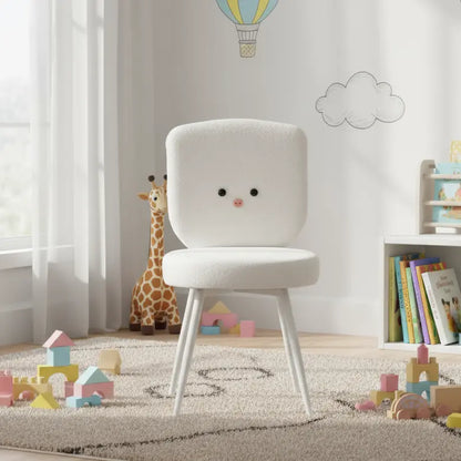 Kids White Piggy Chair with Soft Boucle Fabric & White Metal Legs FURNIZA