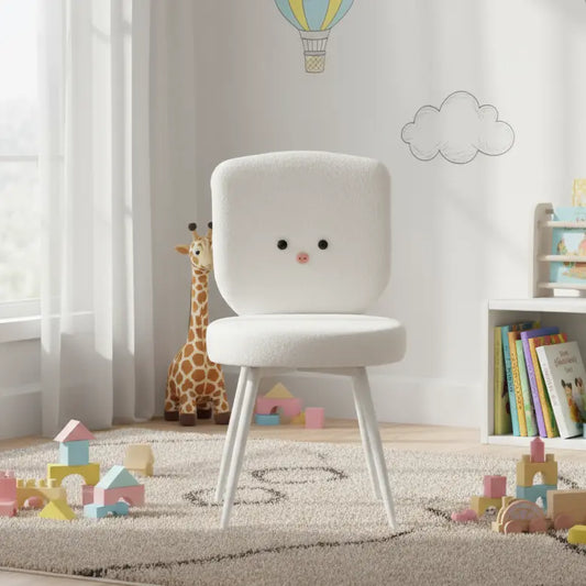 Kids White Piggy Chair with Soft Boucle Fabric & White Metal Legs FURNIZA