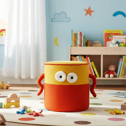 Yellow and red cylindrical container with eyes and arms on a white background