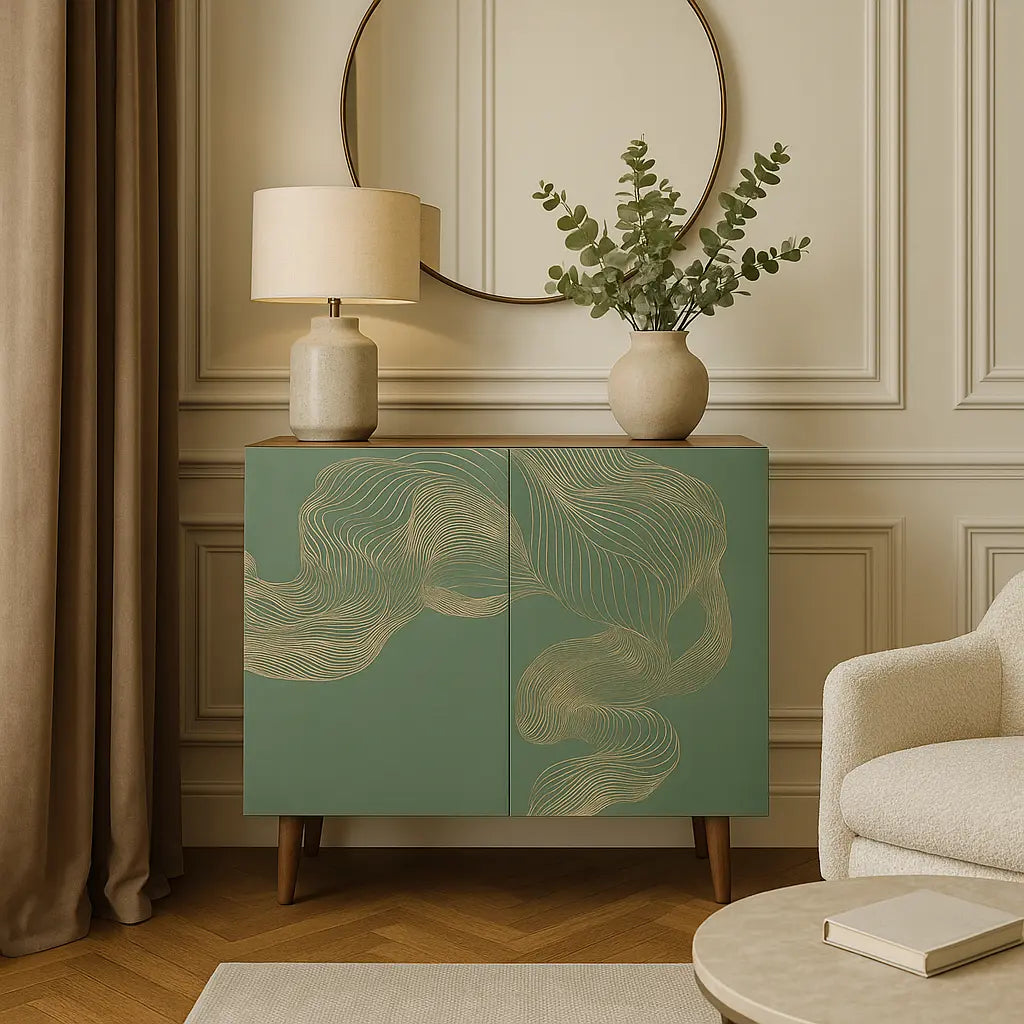 Solid Mango Wood 2 Door Cabinet with Golden Line Art FURNIZA