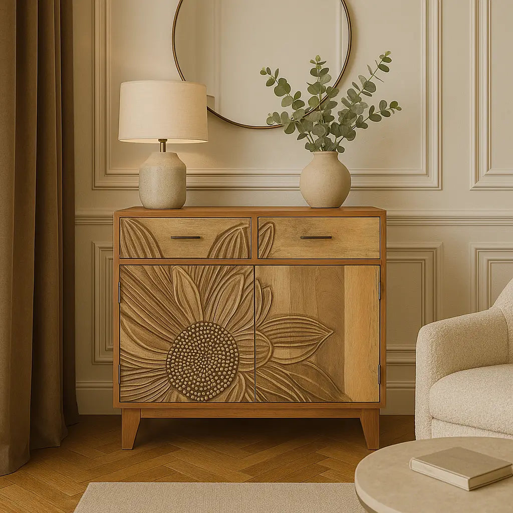 Hand-Carved Sunflower 2 Door 2 Drawer Solid Mango Wood Cabinet FURNIZA