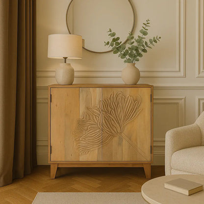 Hand-Carved Floral 2 Door Solid Mango Wood Storage Cabinet FURNIZA