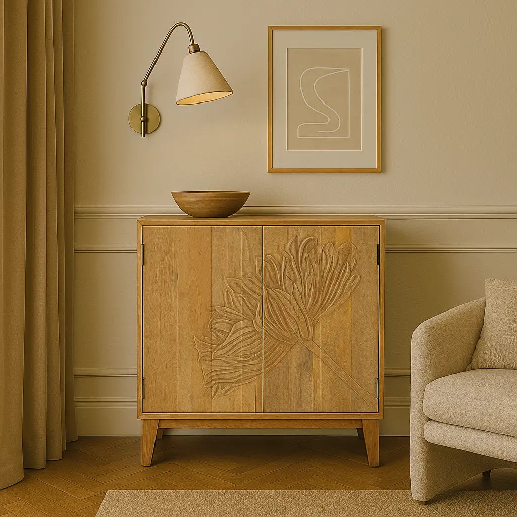 Hand-Carved Floral 2 Door Solid Mango Wood Storage Cabinet FURNIZA