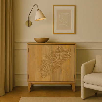 Hand-Carved Floral 2 Door Solid Mango Wood Storage Cabinet FURNIZA