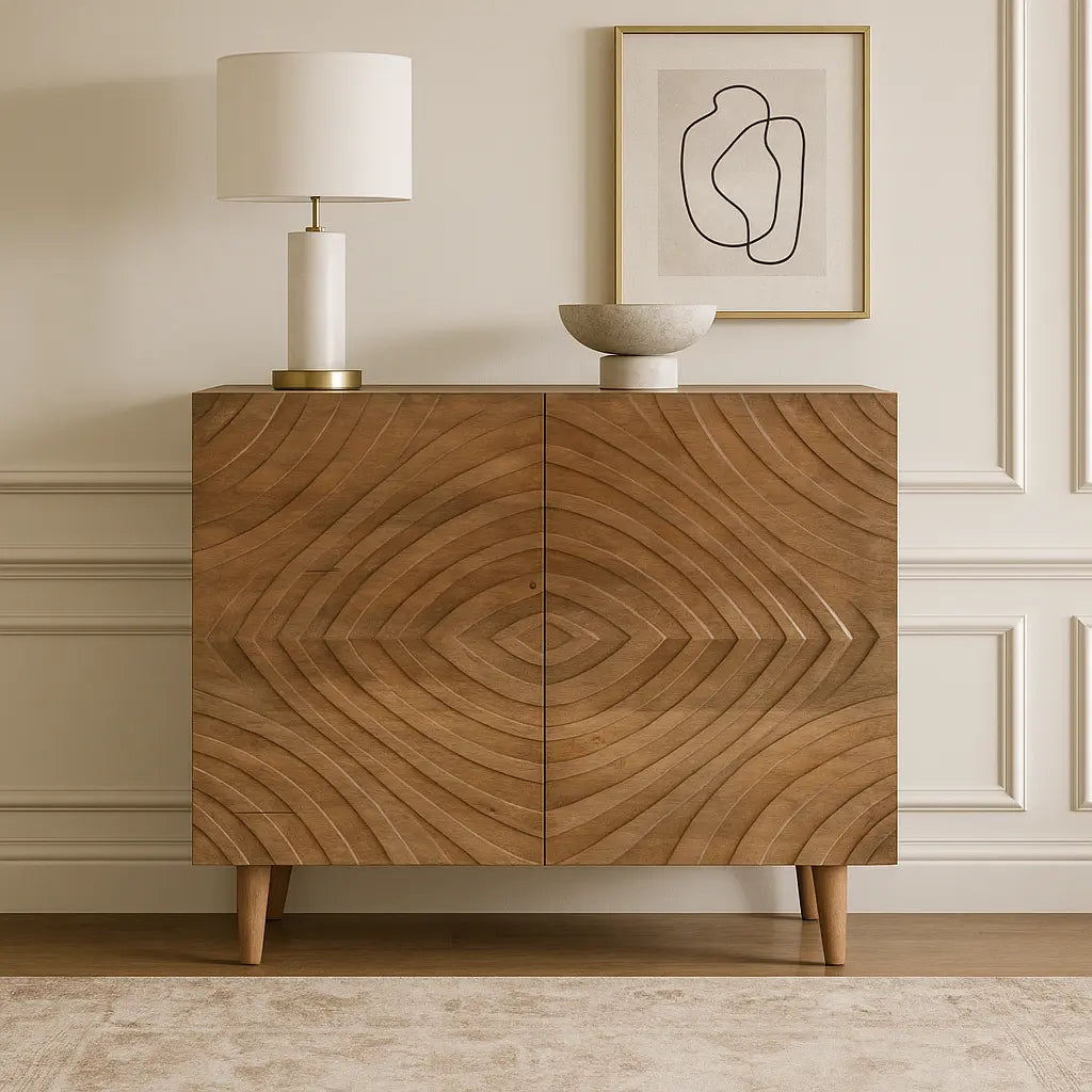 Solid Mango Wood 2 Door Cabinet with Hand-Carved Pattern FURNIZA