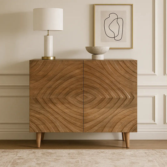 Solid Mango Wood 2 Door Cabinet with Hand-Carved Pattern FURNIZA