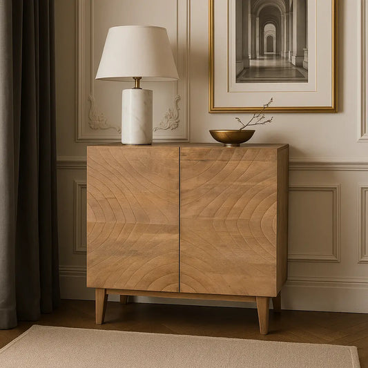 Solid Mango Wood 2 Door Cabinet with Carved Pattern & Natural Finish FURNIZA