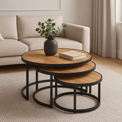 Solid Mango Wood Nesting Stool Set of 3 with Black Iron Frame FURNIZA