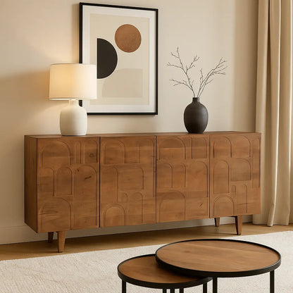 Solid Mango Wood 4-Door Sideboard with Carved Arch Design FURNIZA