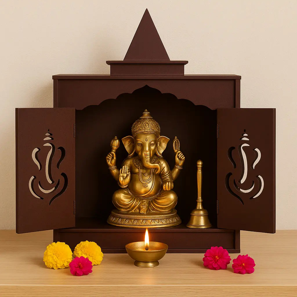 Traditional Brown MDF Wall Mount Pooja Mandir with Shikara Design & Ganesha Carved Doors – Compact Temple by Furniza FURNIZA