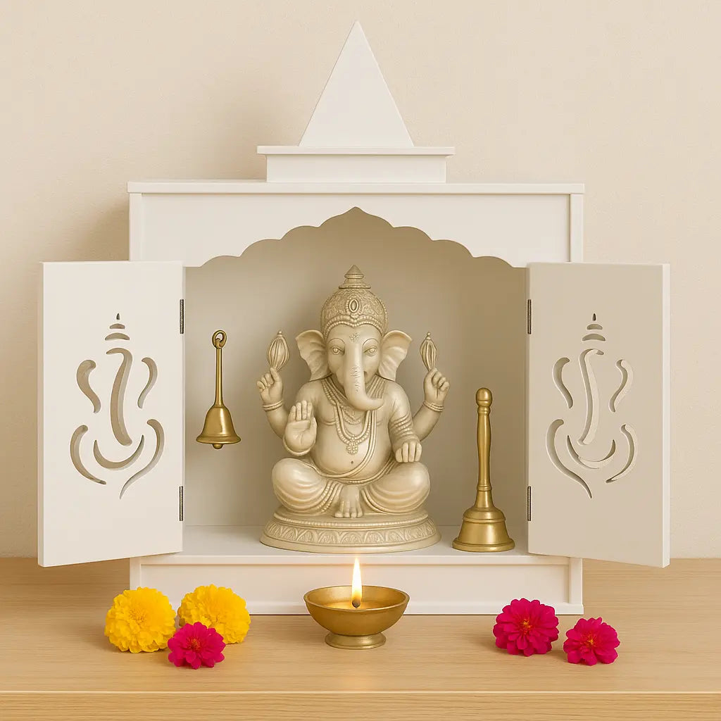 Traditional White MDF Wall Mount Pooja Mandir with Shikara Design & Ganesha Carved Doors – Compact Temple by Furniza FURNIZA