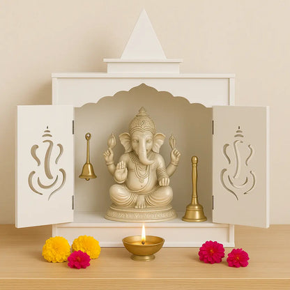 Traditional White MDF Wall Mount Pooja Mandir with Shikara Design & Ganesha Carved Doors – Compact Temple by Furniza FURNIZA
