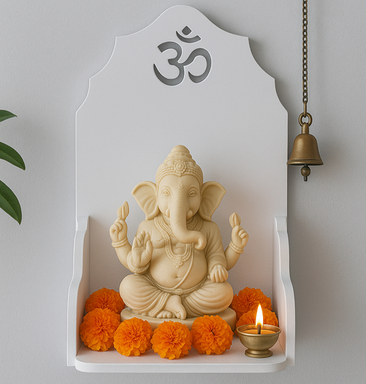 White MDF Wooden Foldable Temple with Om Carving – Compact Wall Mount Pooja Mandir - Furniza