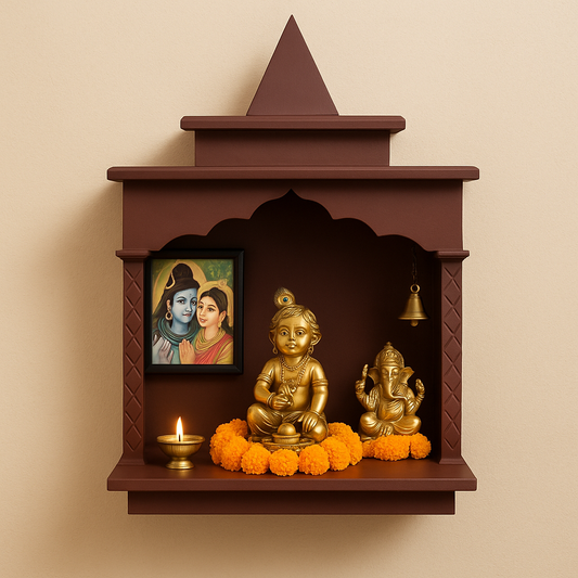 Traditional Brown MDF Wall Mount Pooja Mandir with Shikara Top & Open Arched Design – Compact & Lightweight Temple - Furniza