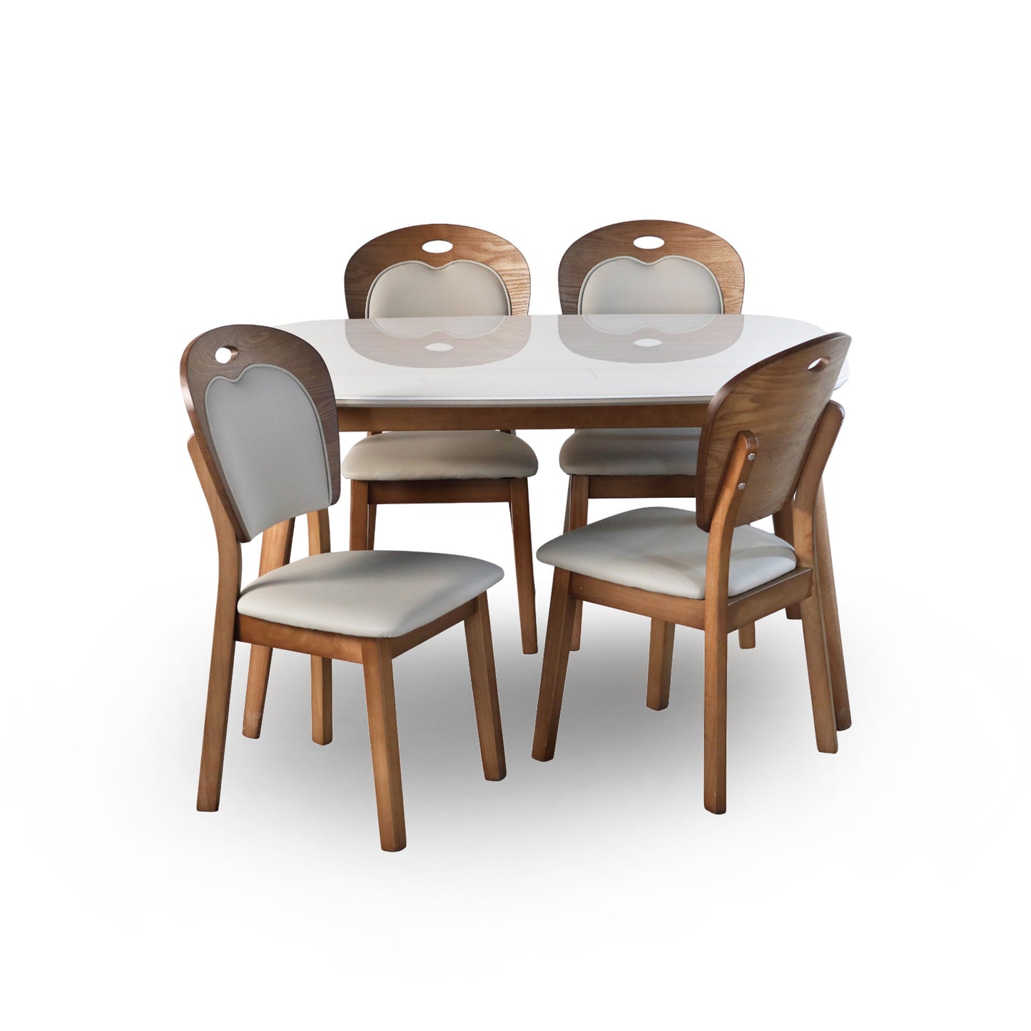 Modern Marble top with Wooden Base 4 Seater Dining Table Set with Cushioned Chairs