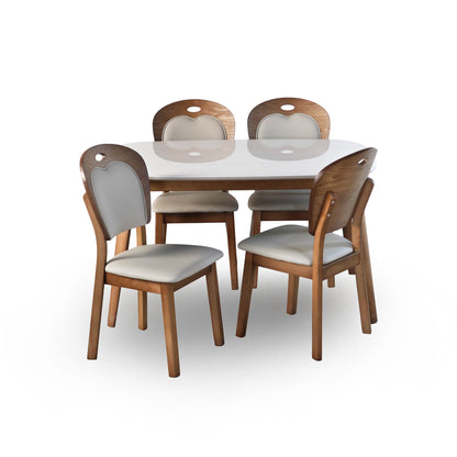 Modern Marble top with Wooden Base 4 Seater Dining Table Set with Cushioned Chairs