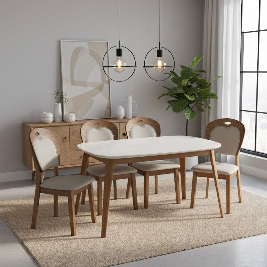 Modern Marble top with Wooden Base 4 Seater Dining Table Set with Cushioned Chairs
