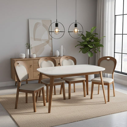 Modern Marble top with Wooden Base 4 Seater Dining Table Set with Cushioned Chairs
